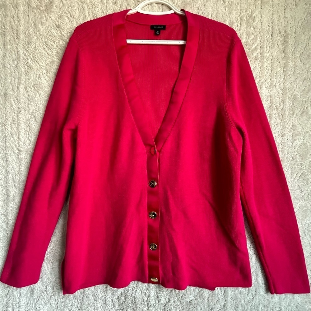 Talbots Pink Cardigan Button Up Sweater Sz XL Ribbon Placket Side Slits Office